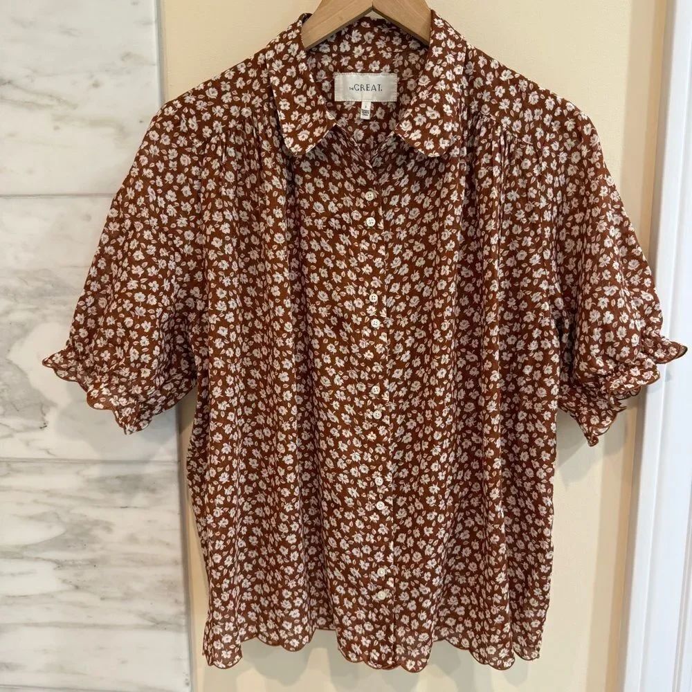 THE GREAT. Rust and White Floral Button Down Blouse